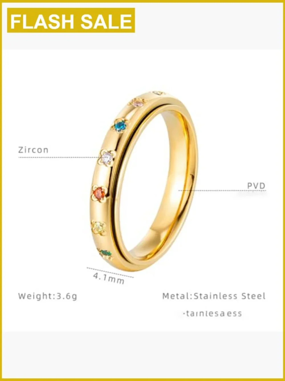 Stainless Steel Spinner Ring CZ Flower Fidget Stress Relief Jewelry